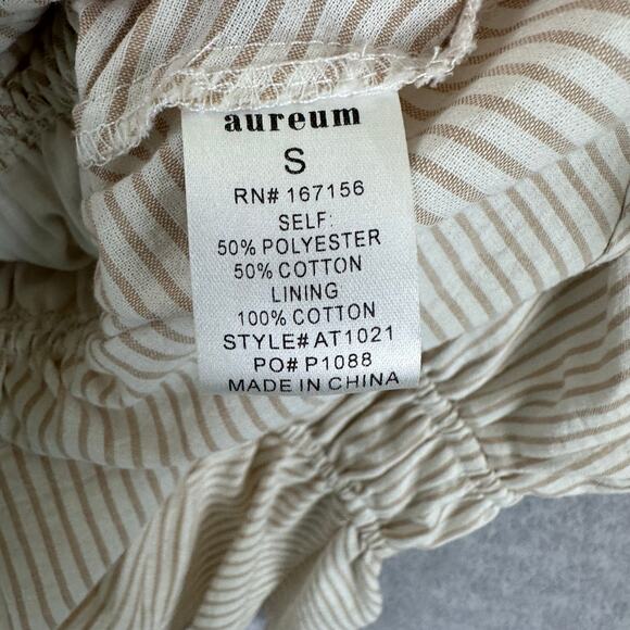 Aureum Striped Ruffle Top Size Small Cream Tan Elastic Smocked Peplum Tank - Picture 6 of 9